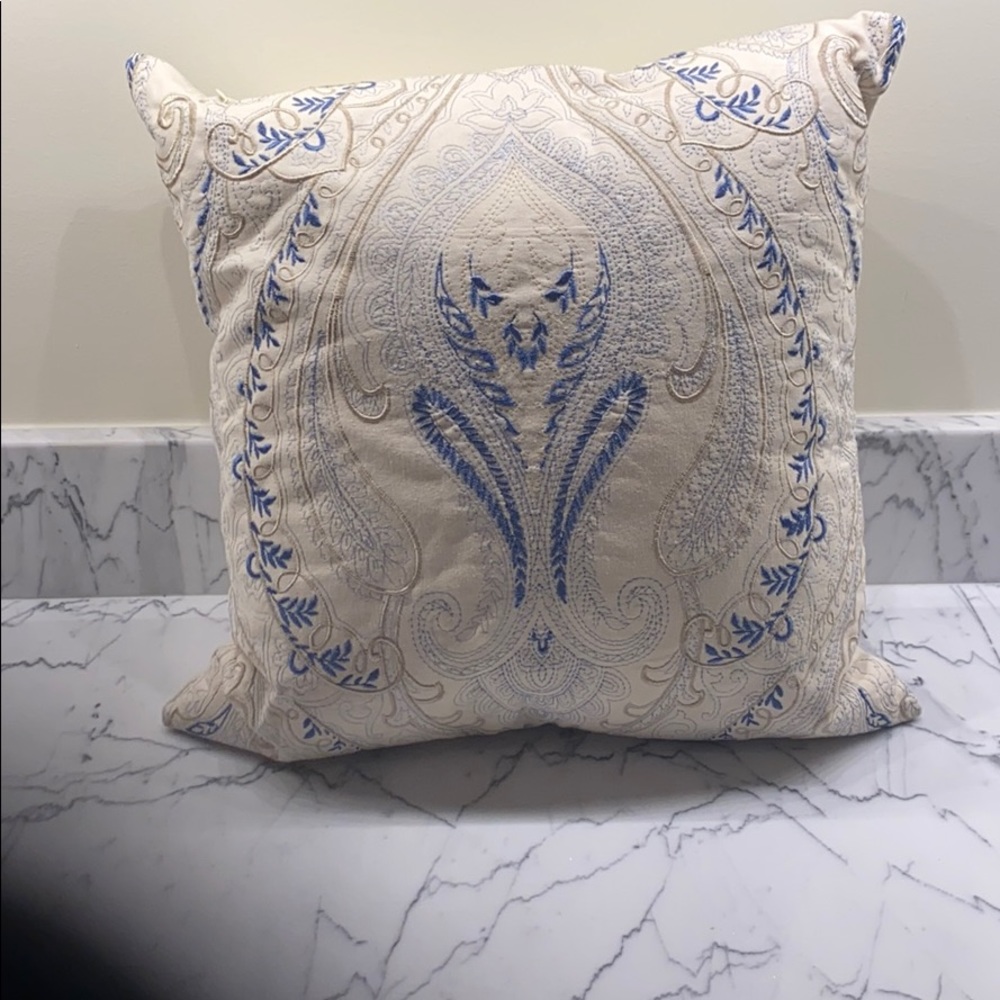 Blue and cream damask throw pillow